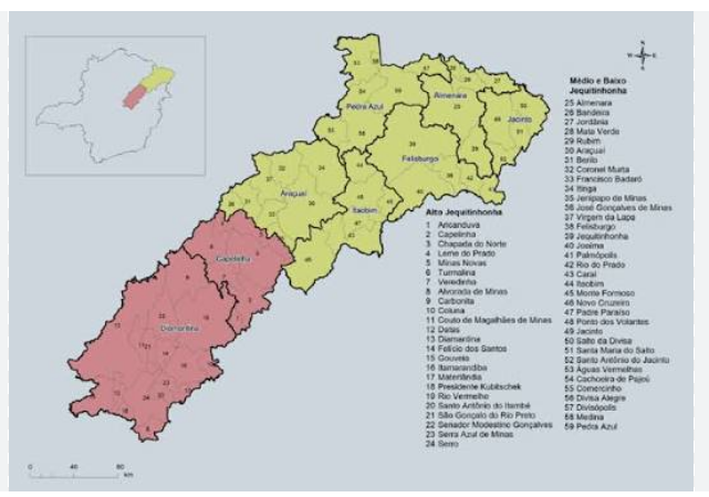 Mapa dos municípios do Vale do Jequitinhonha